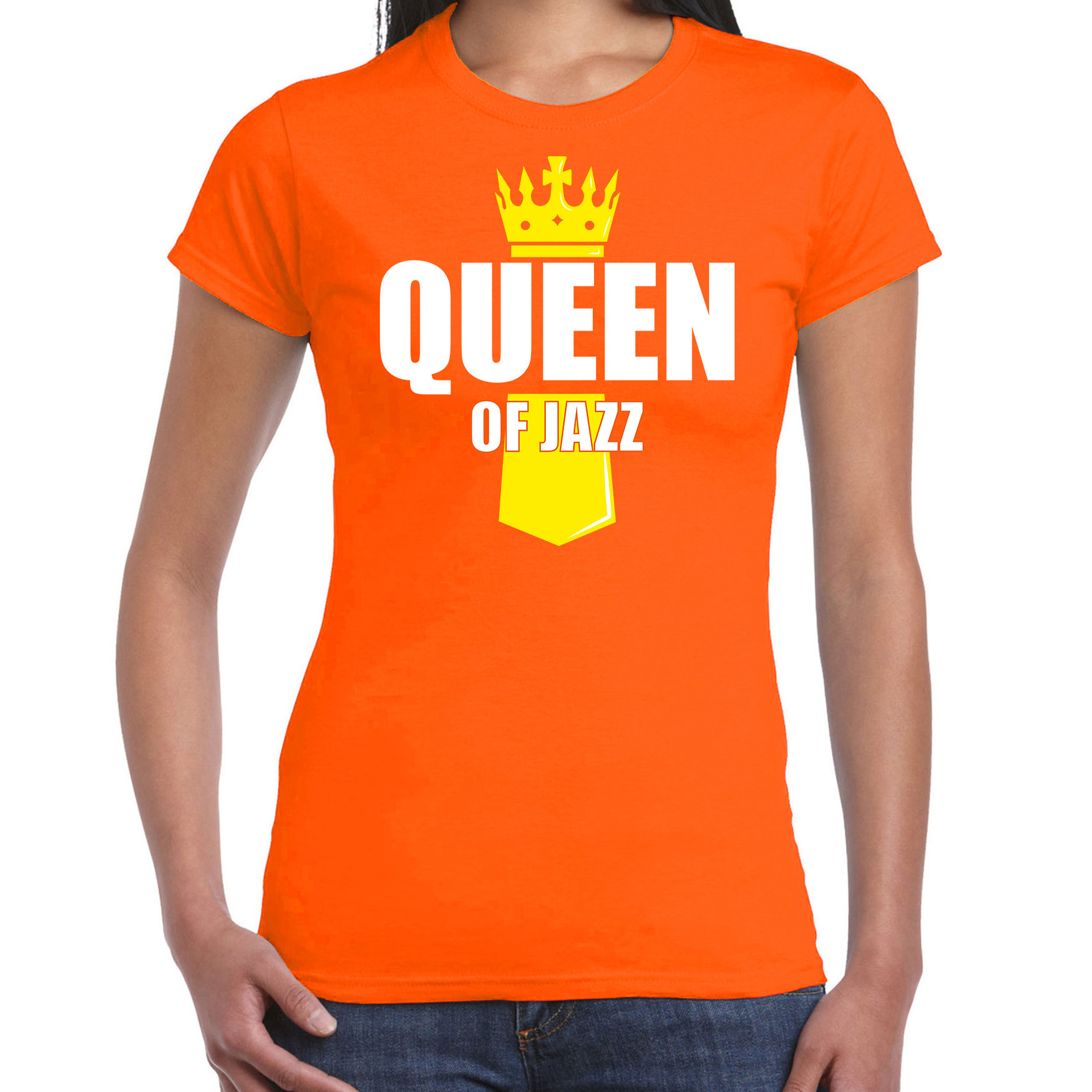 Koningsdag t-shirt Queen of jazz met kroontje oranje voor dames Top Merken Winkel